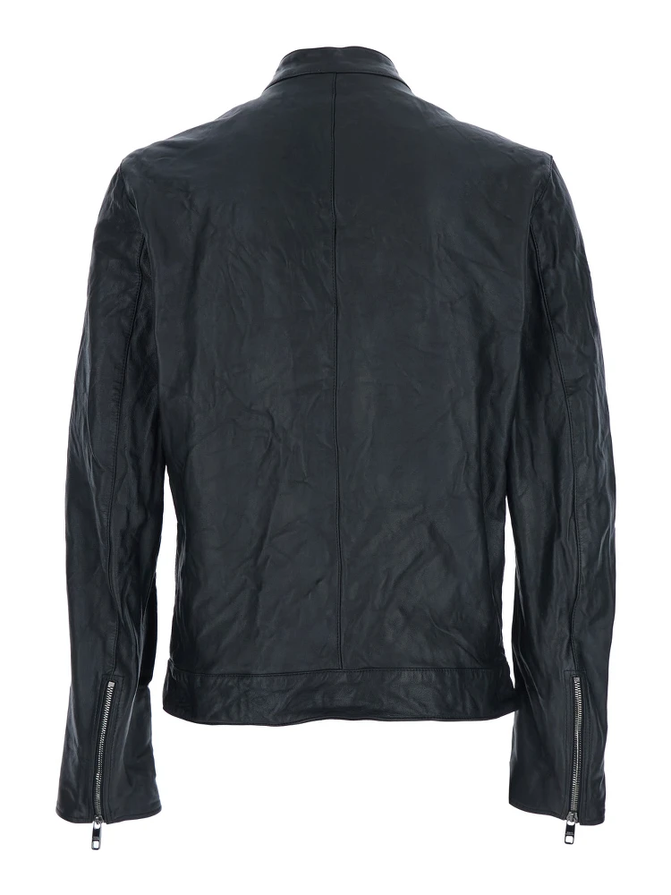 Black Crewneck Jacket with Two Front Welt Pockets with Zip in Leather Man alternative
