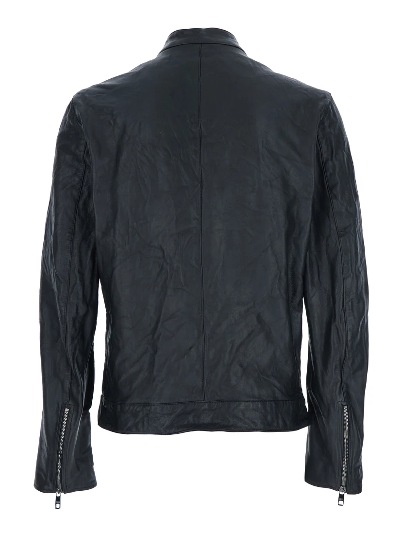 Black Crewneck Jacket with Two Front Welt Pockets with Zip in Leather Man