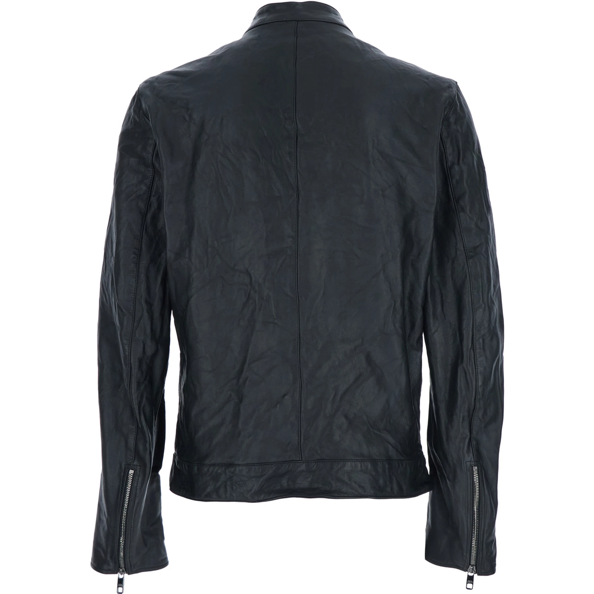 Black Crewneck Jacket with Two Front Welt Pockets with Zip in Leather Man