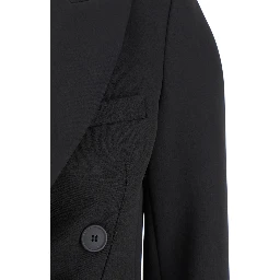 Black Double-Breasted Cropped Jacket with Peak Lapels in Satin Woman