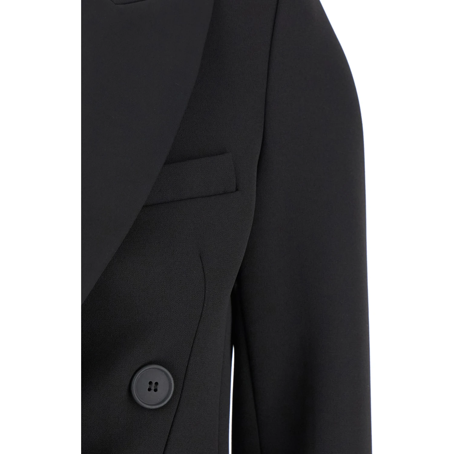 Black Double-Breasted Cropped Jacket with Peak Lapels in Satin Woman