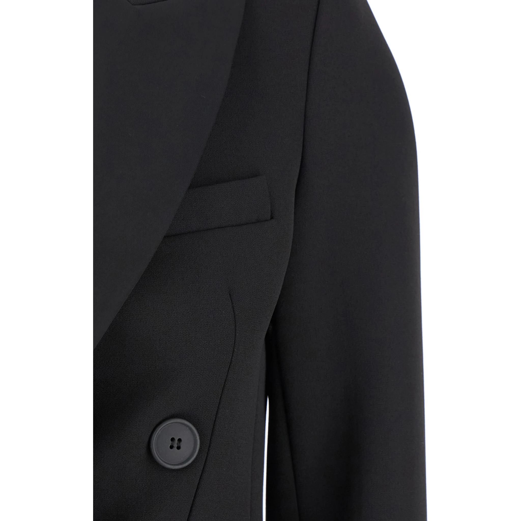 Black Double-Breasted Cropped Jacket with Peak Lapels in Satin Woman