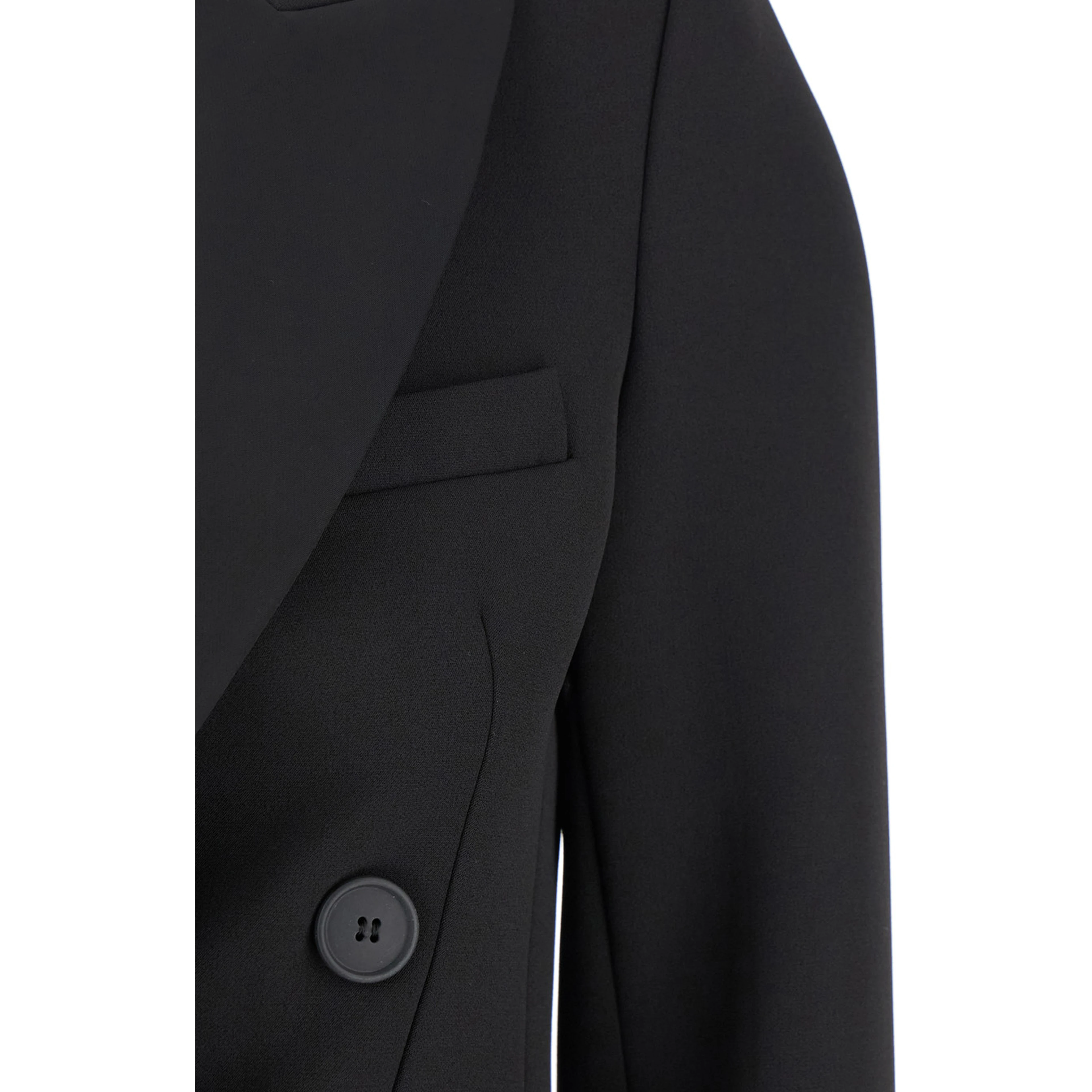Black Double-Breasted Cropped Jacket with Peak Lapels in Satin Woman
