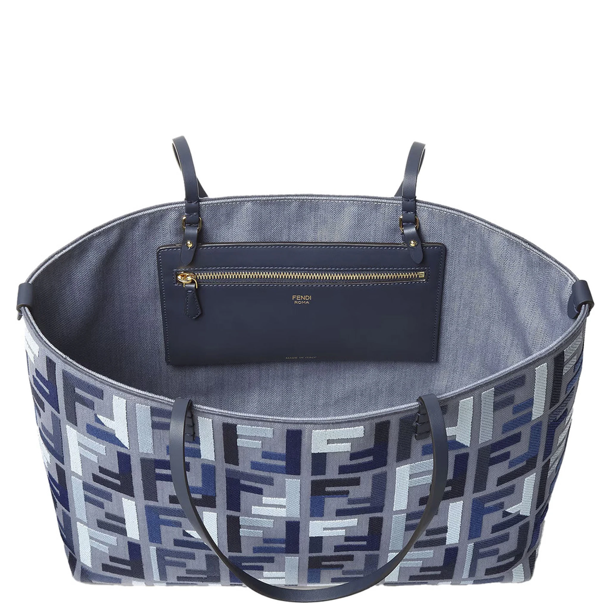 Roll Large Blue Shopper with All-Over FF Motif and Double Top Handles in Cotton Blend Woman