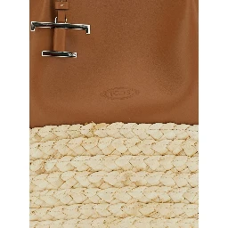 Bux Brown Shopper with Logo Imprinted on the Front and Metal Logo Charm in Leather and Straw Woman