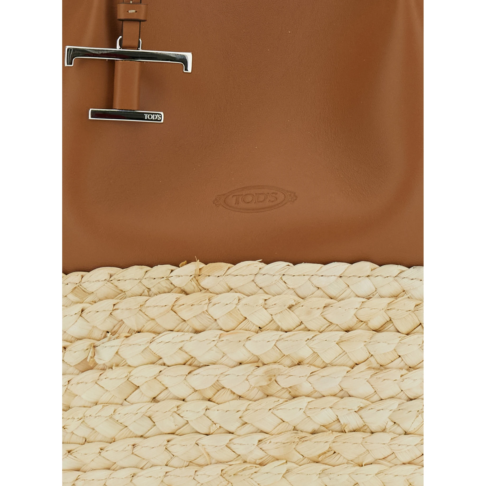 Bux Brown Shopper with Logo Imprinted on the Front and Metal Logo Charm in Leather and Straw Woman