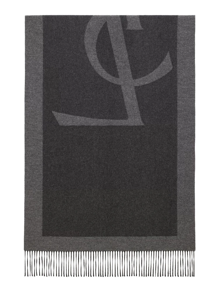 Grey Scarf with Maxi Logo Lettering and Fringed Hem in Silk Woman