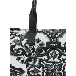 Black Tote Bag with Top Zip Closure and All-Over Print in Tech Fabric Man