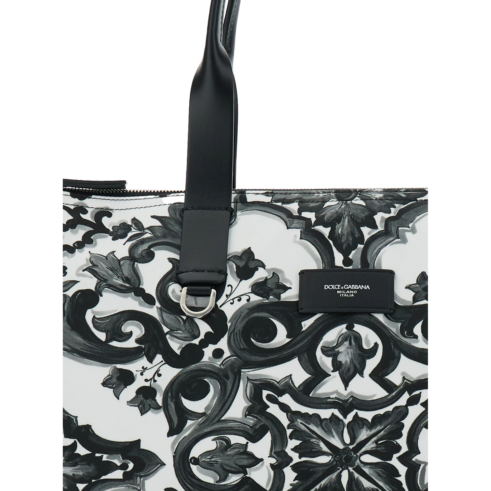 Black Tote Bag with Top Zip Closure and All-Over Print in Tech Fabric Man