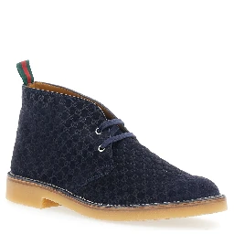 Blue Ankle Boots with Web Detail on the Heel and Low Heel in GG Suede Man