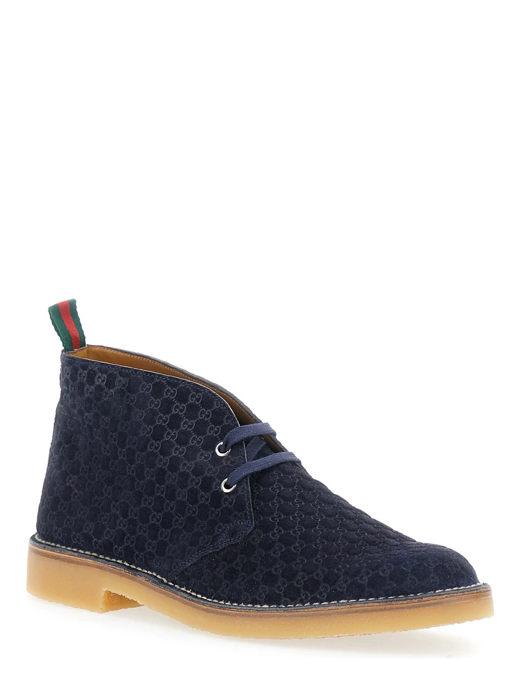 Blue Ankle Boots with Web Detail on the Heel and Low Heel in GG Suede Man alternative