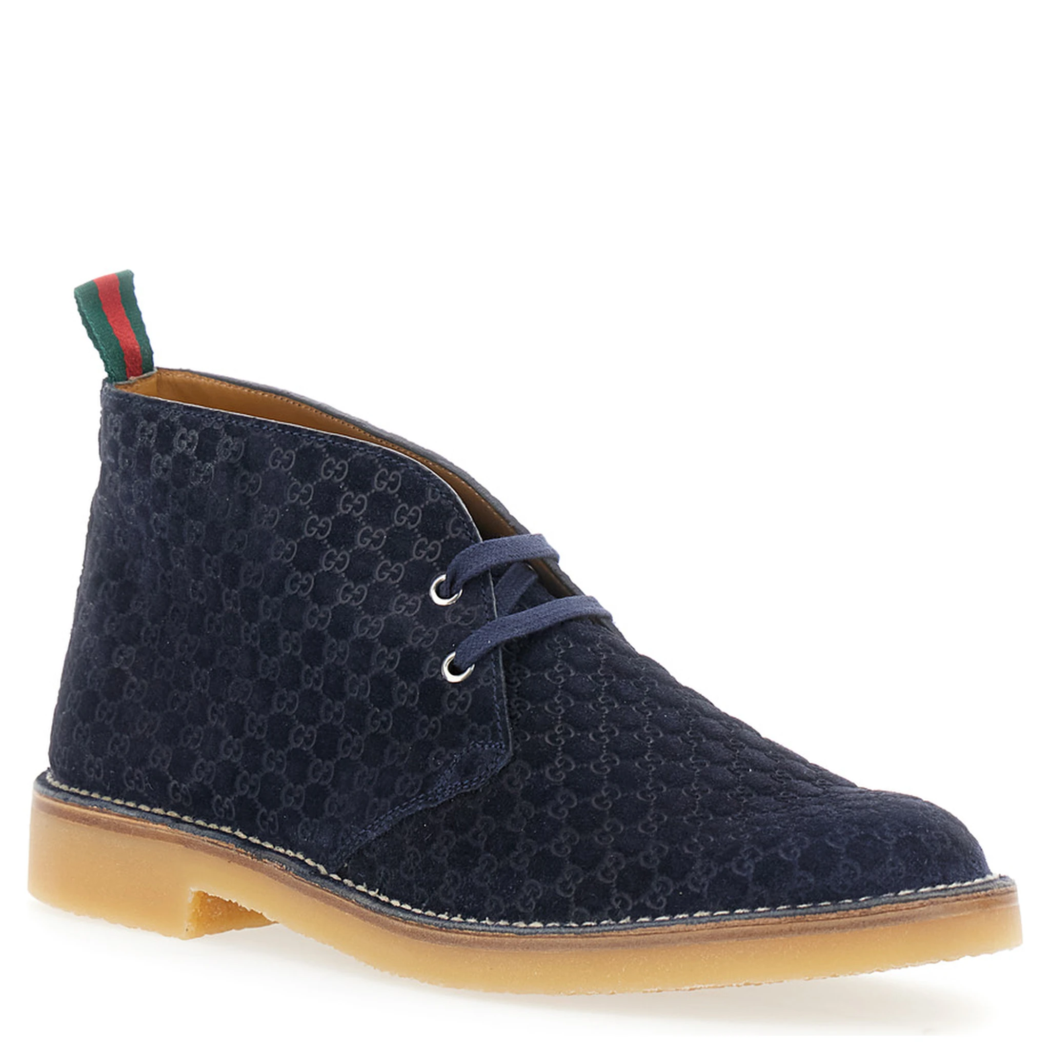 Blue Ankle Boots with Web Detail on the Heel and Low Heel in GG Suede Man