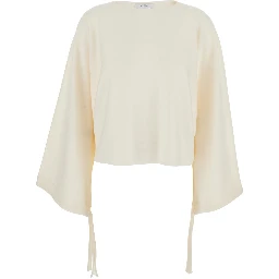 “Frais” White Round Neck Sweater with Wide Sleeves in Wool Woman