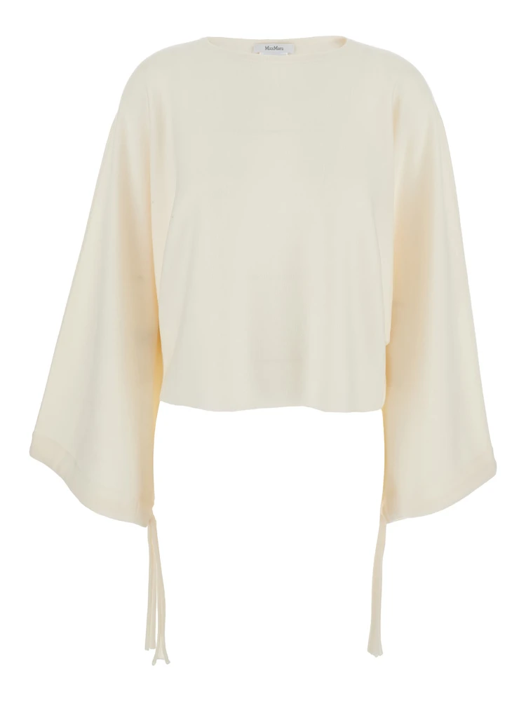 “Frais” White Round Neck Sweater with Wide Sleeves in Wool Woman