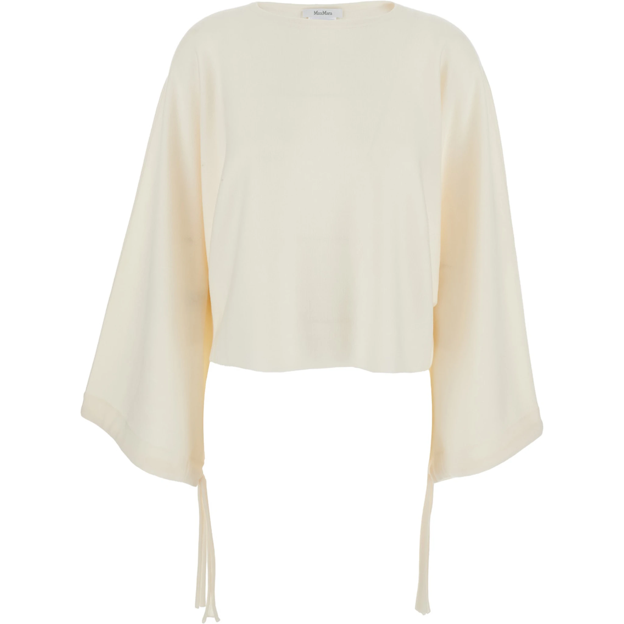 “Frais” White Round Neck Sweater with Wide Sleeves in Wool Woman