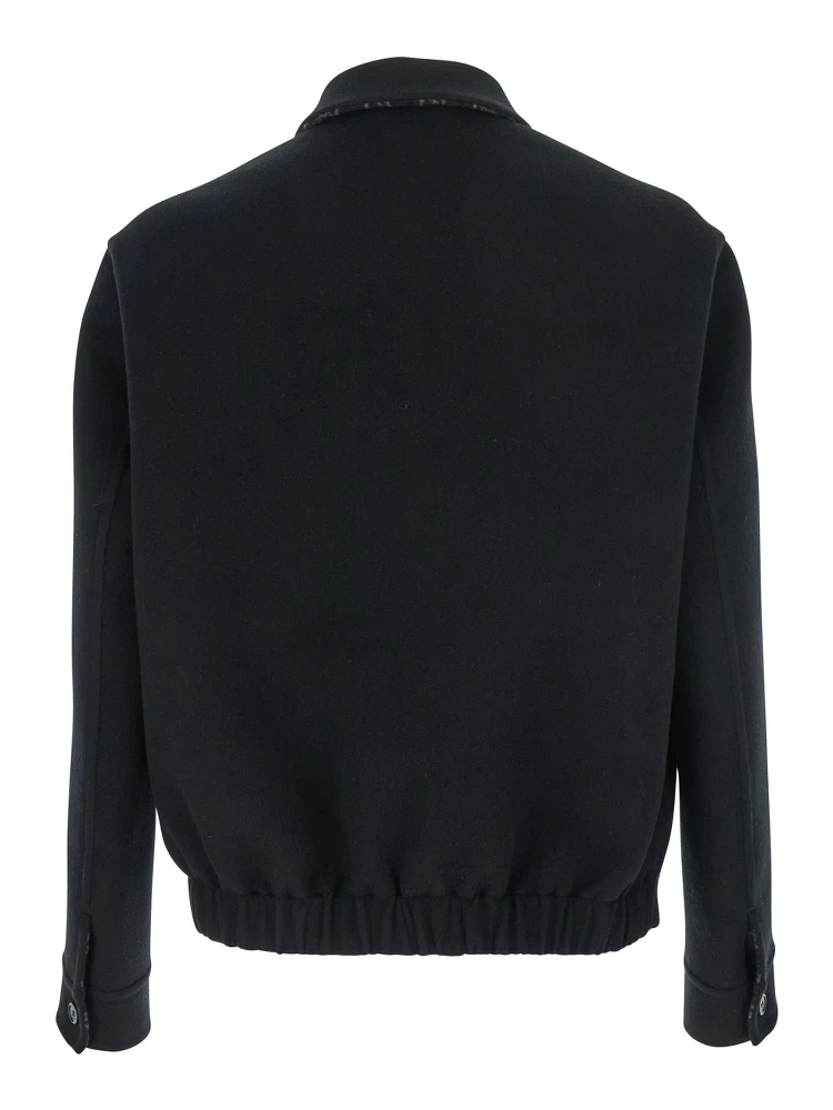Black Jacket with Classic Collar and Front Zip Closure in Wool Man alternative