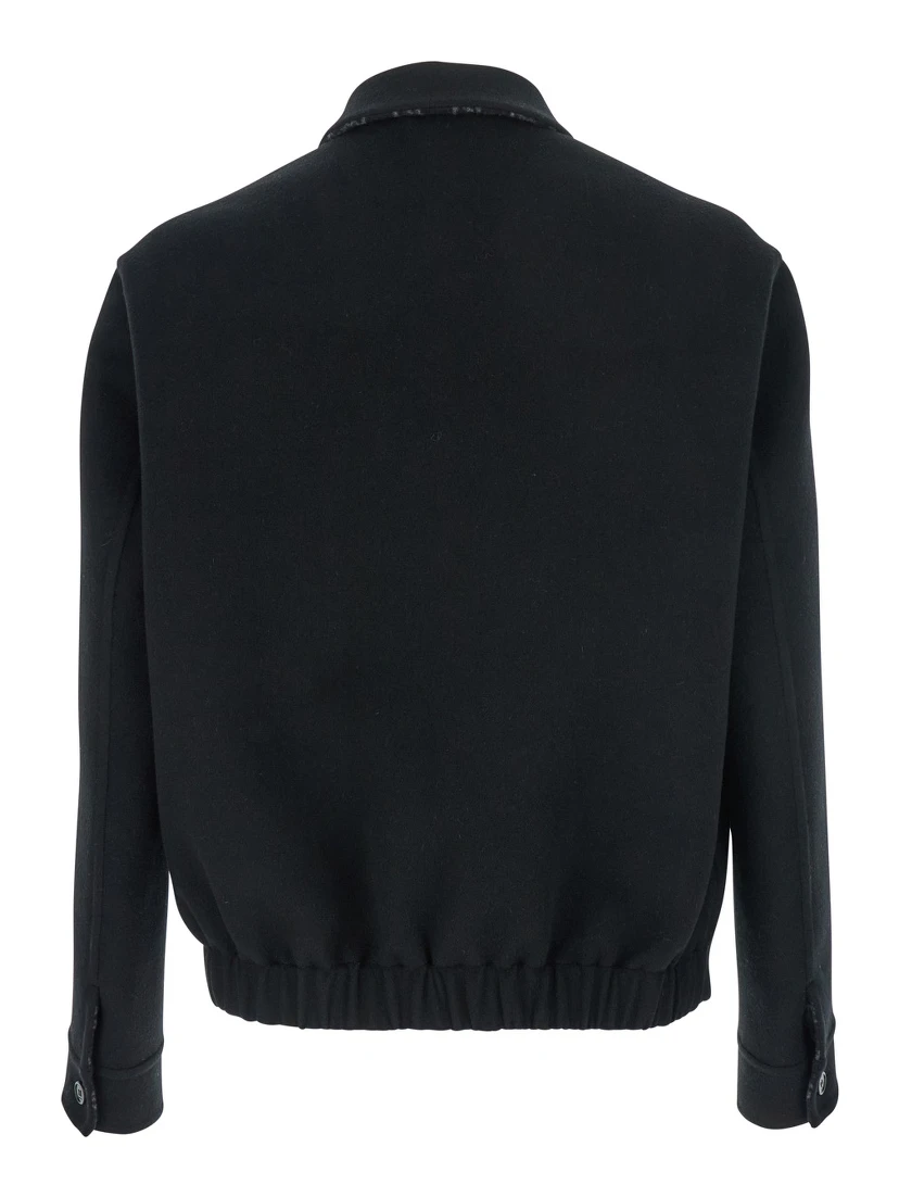 Black Jacket with Classic Collar and Front Zip Closure in Wool Man