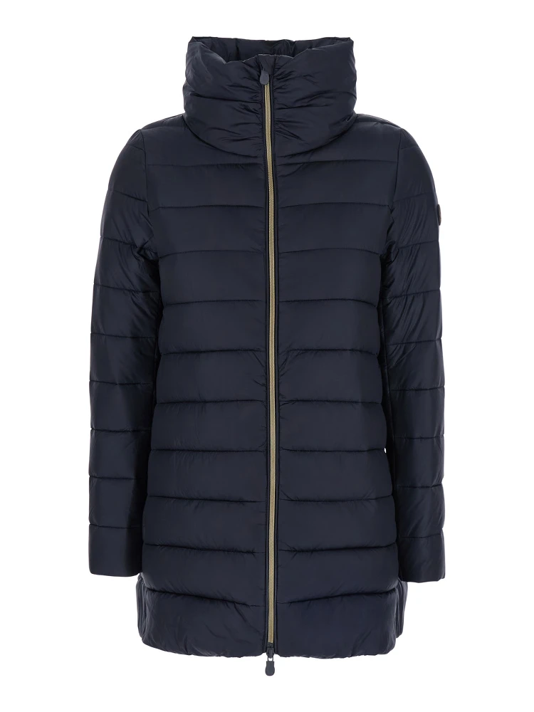 Lydia Blue Down Jacket with High Neck and Logo Patch on the Sleeve in Tech Fabric Woman