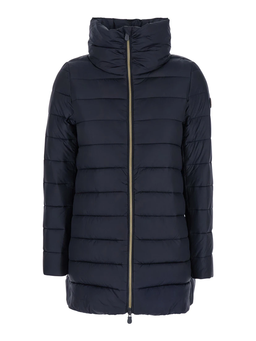Lydia Blue Down Jacket with High Neck and Logo Patch on the Sleeve in Tech Fabric Woman