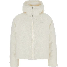 White Wool Bomber Jacket with Fixed Hood and Logo Lettering on the Front