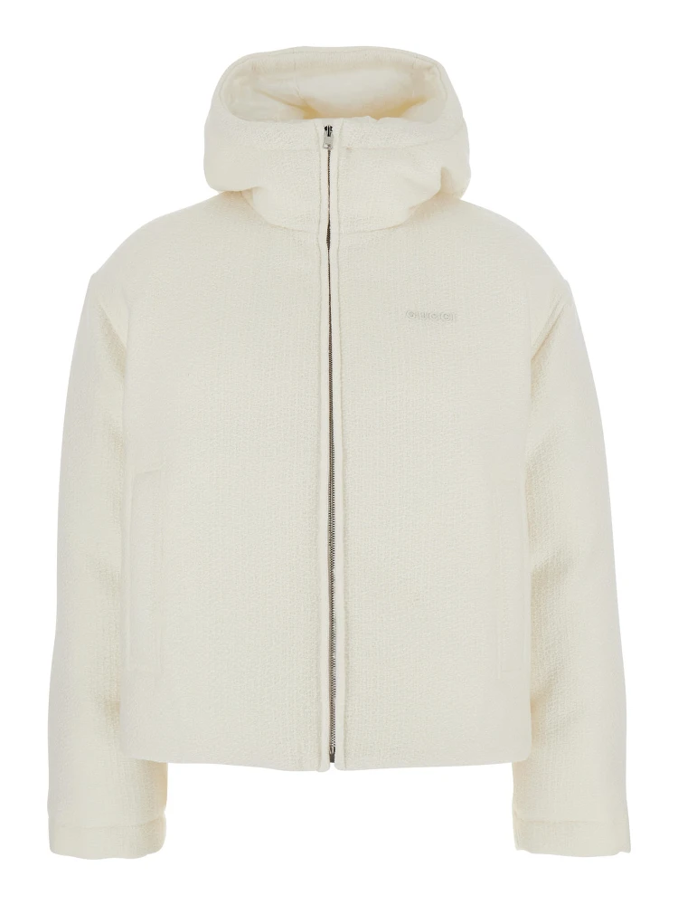 White Wool Bomber Jacket with Fixed Hood and Logo Lettering on the Front