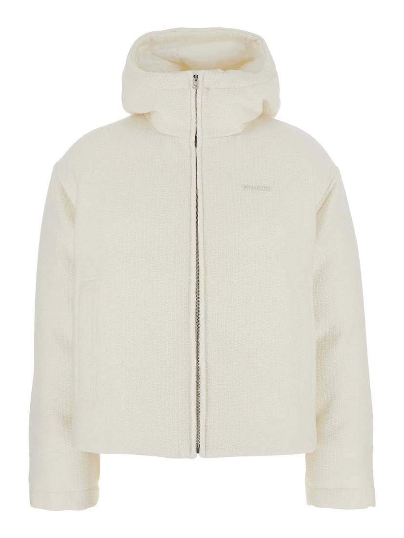 White Wool Bomber Jacket with Fixed Hood and Logo Lettering on the Front