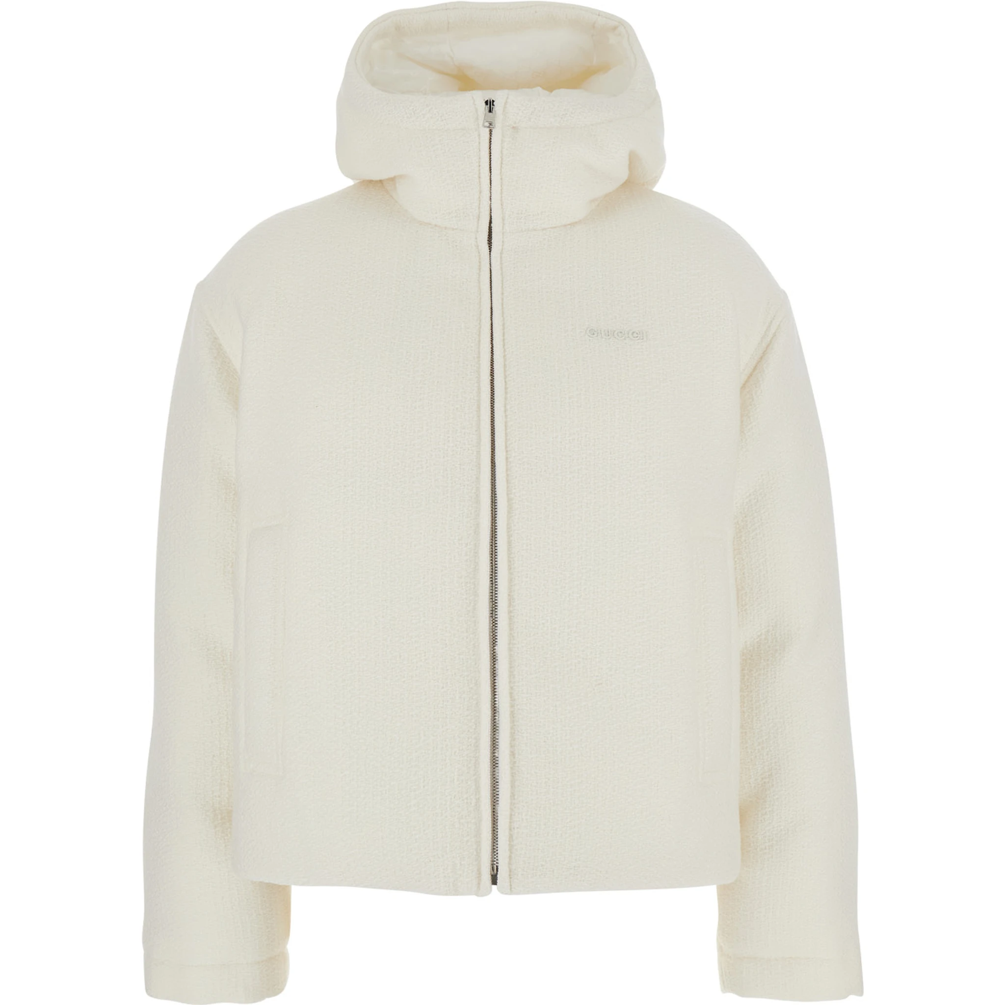 White Wool Bomber Jacket with Fixed Hood and Logo Lettering on the Front