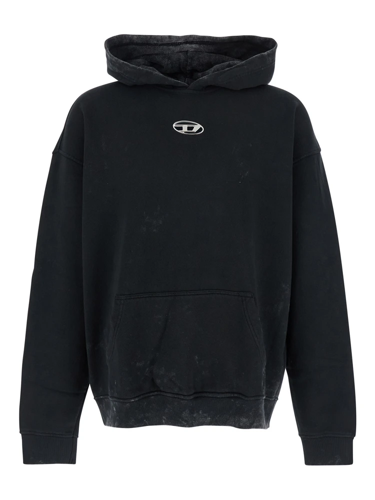 Black Hoodie with Logo Patch on the Front and Faded Effect in Cotton Man