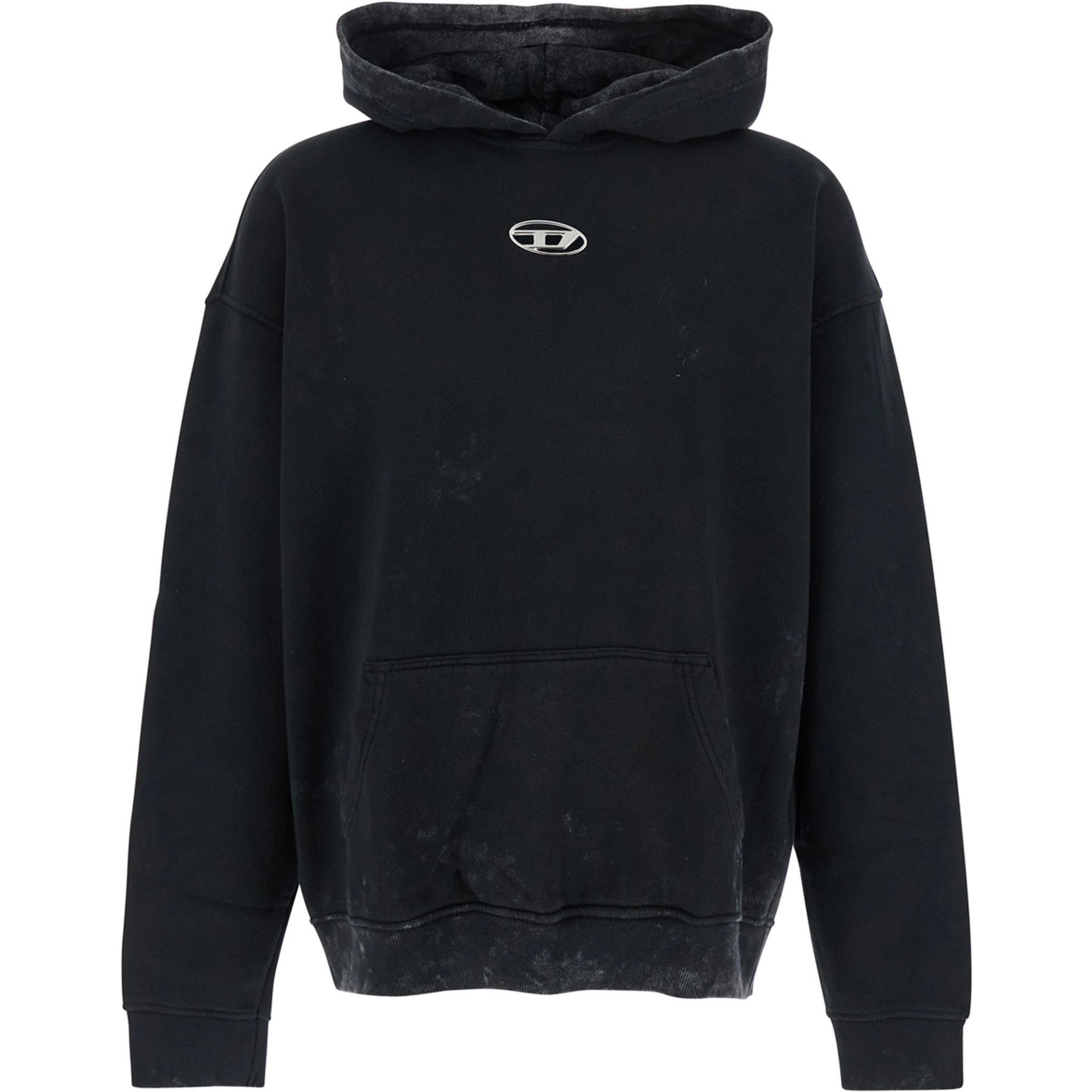 Black Hoodie with Logo Patch on the Front and Faded Effect in Cotton Man