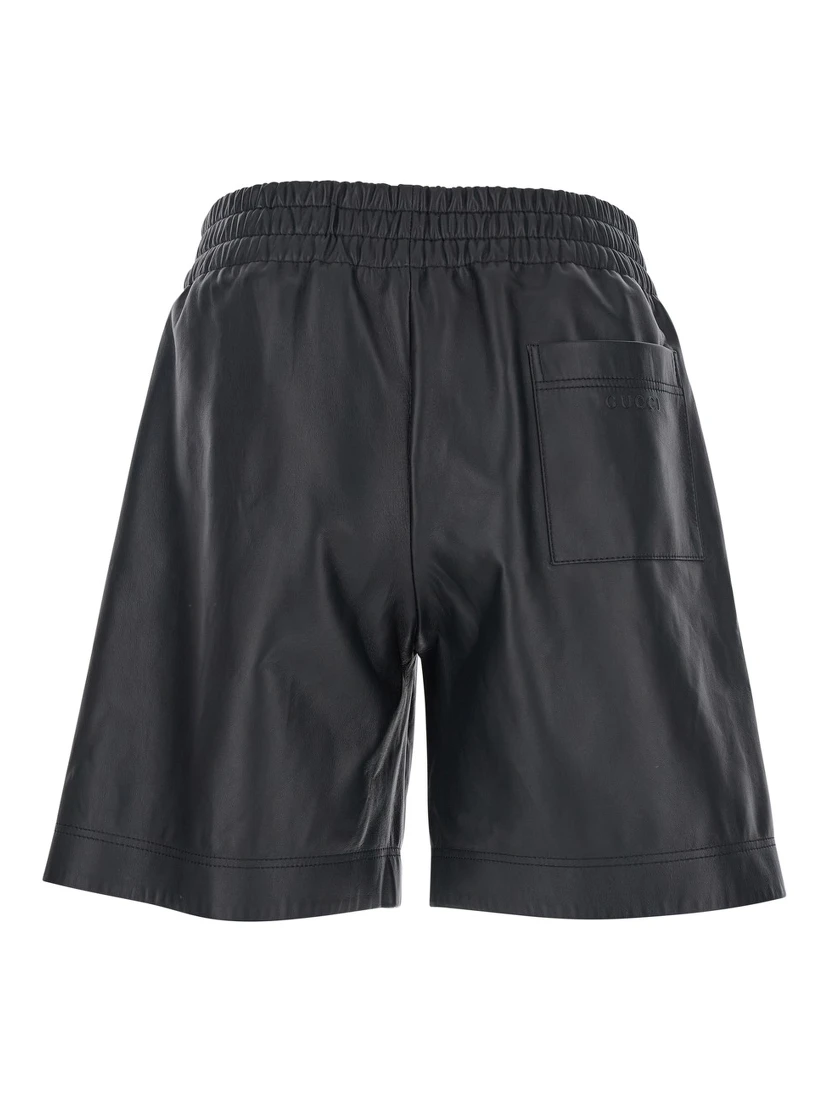 Black Bermuda Shorts with Elasticated Waist and Logo Lettering  in Leather Man