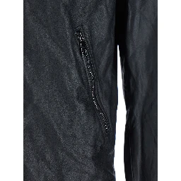 Black Crewneck Jacket with Two Front Welt Pockets with Zip in Leather Man