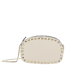Rockstud White Mini Bag with Chain-Link Shoulder Strap and Rockstud Embellishments in Grained Leather Woman