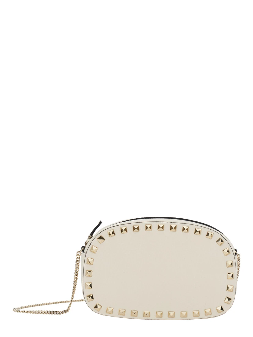 Rockstud White Mini Bag with Chain-Link Shoulder Strap and Rockstud Embellishments in Grained Leather Woman