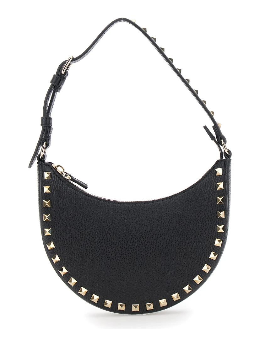 Rockstud Black Mini Bag with Rockstud Embellishments and Adjustable Shoulder Strap in Grained Leather Woman