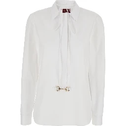 White Shirt with Pointed Collar with Tie Detail and Horsebit in Cotton Woman