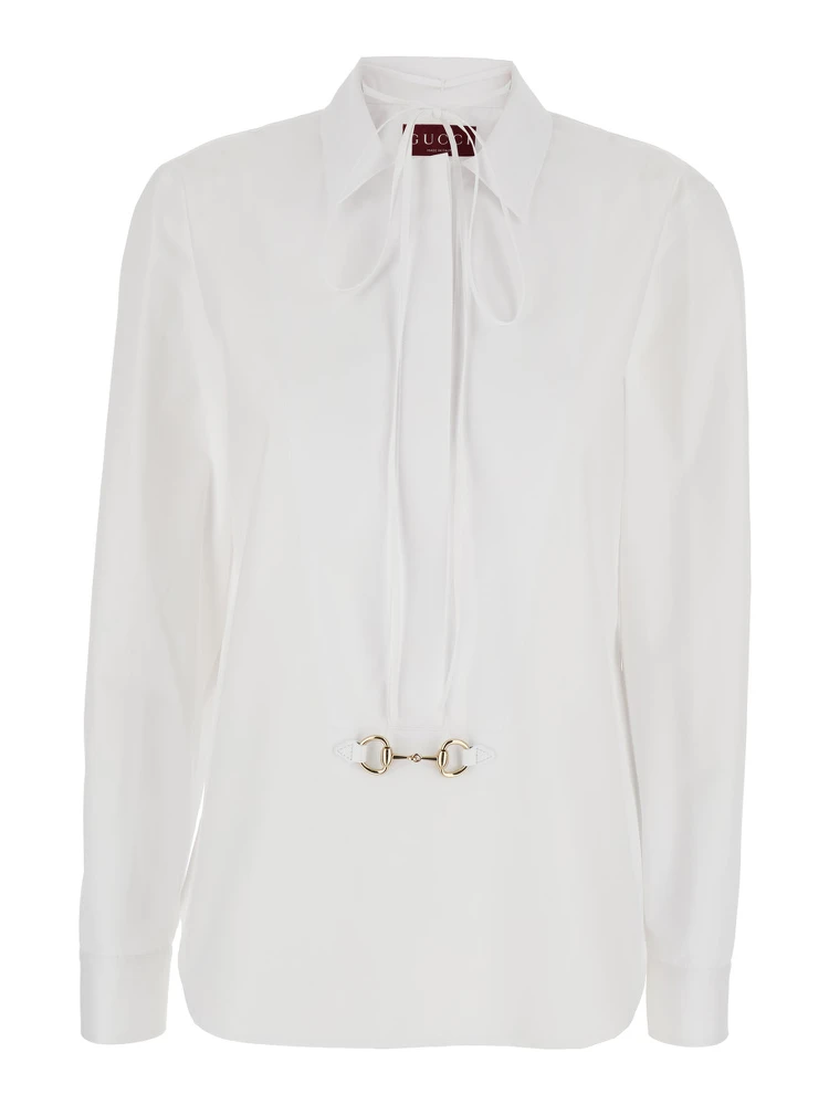 White Shirt with Pointed Collar with Tie Detail and Horsebit in Cotton Woman