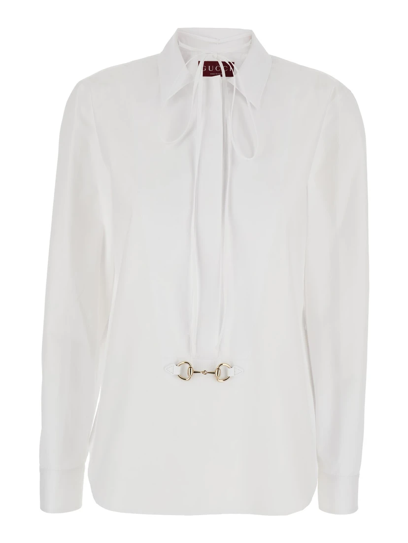White Shirt with Pointed Collar with Tie Detail and Horsebit in Cotton Woman