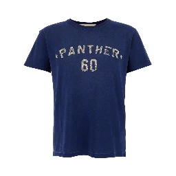 تيشيرت أزرق برقبة دائرية وشعار مطبوع على الظهر، مصنوع من القطن الرجالي