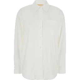 White Shirt with Button Down Collar and Logo Plaque on the Rear in Cotton Stretch Woman
