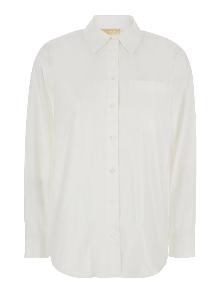 White Shirt with Button Down Collar and Logo Plaque on the Rear in Cotton Stretch Woman