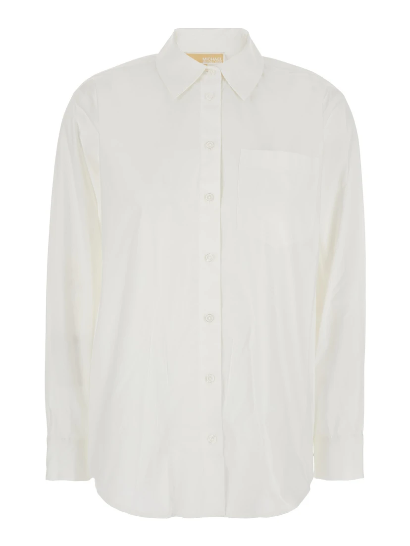 White Shirt with Button Down Collar and Logo Plaque on the Rear in Cotton Stretch Woman