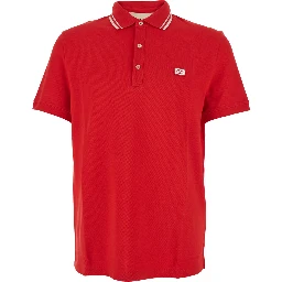 Red Polo Shirt with Classic Collar with Stirped Detail and Logo Patch on the Front in Cotton Piquet Man