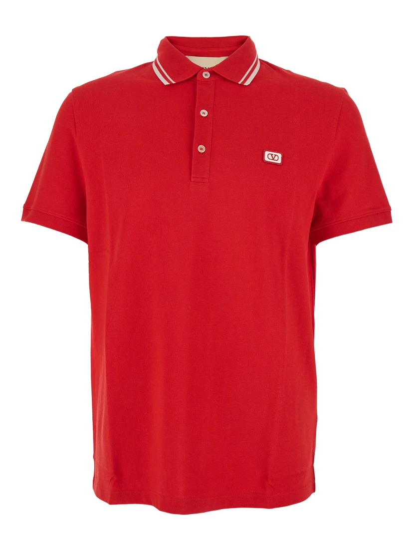 Red Polo Shirt with Classic Collar with Stirped Detail and Logo Patch on the Front in Cotton Piquet Man