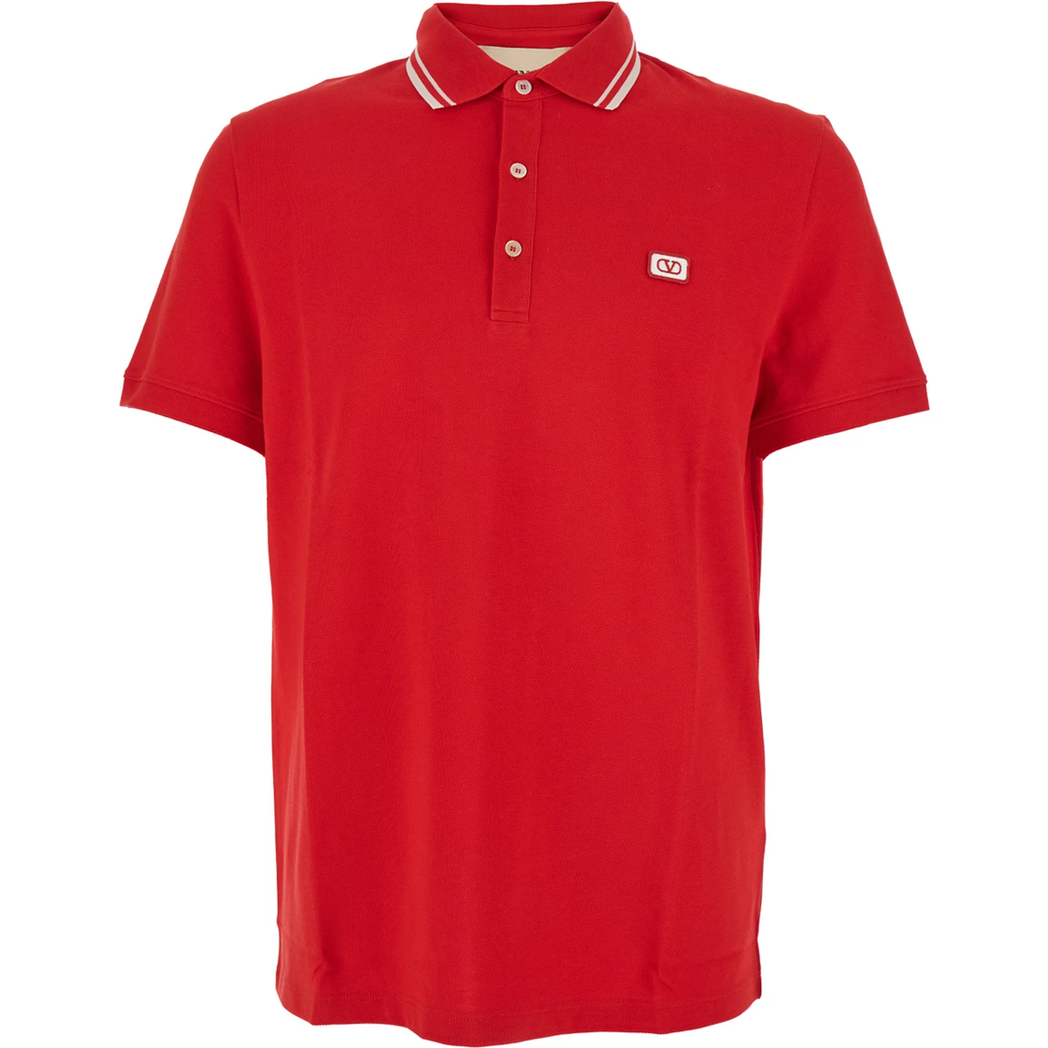 Red Polo Shirt with Classic Collar with Stirped Detail and Logo Patch on the Front in Cotton Piquet Man