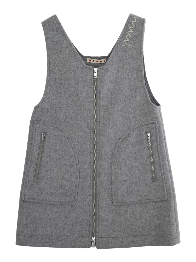 Grey Sleeveless Dress with Logo Embroidery on the Front in Wool Blend Girl