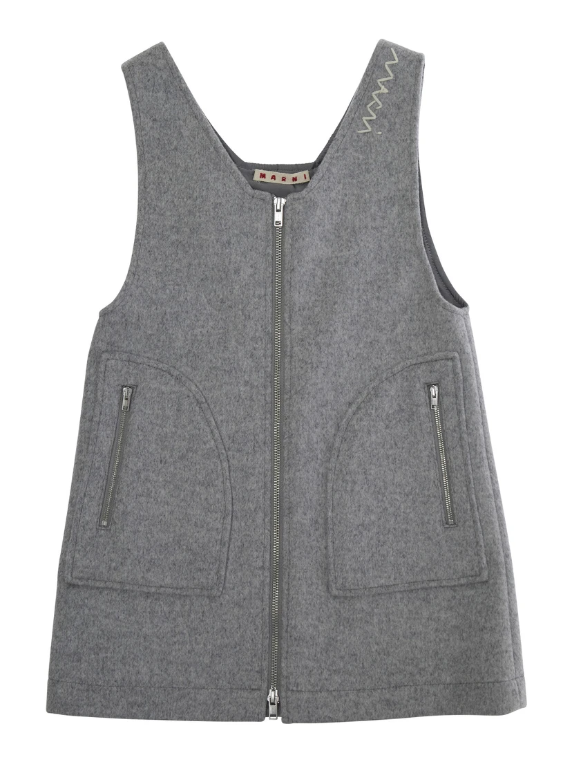 Grey Sleeveless Dress with Logo Embroidery on the Front in Wool Blend Girl