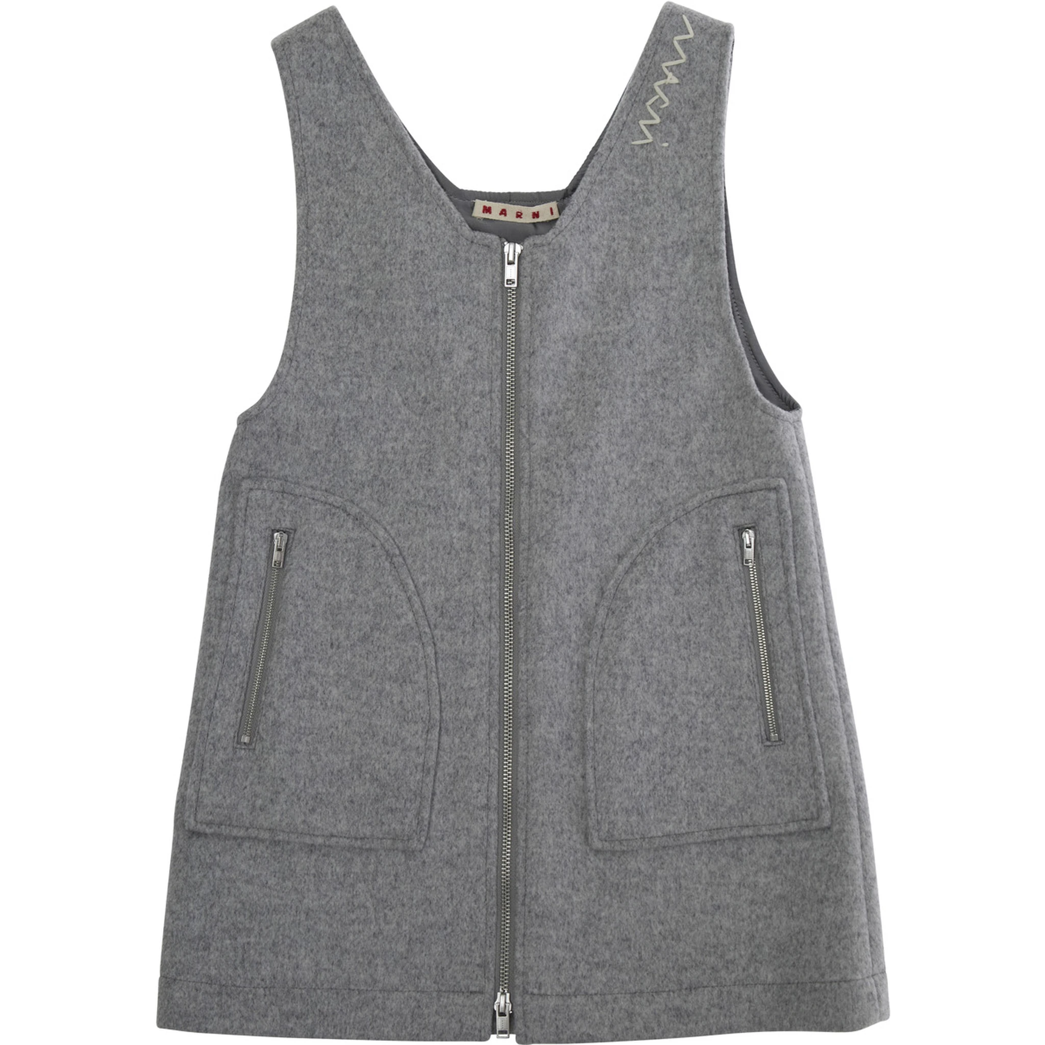 Grey Sleeveless Dress with Logo Embroidery on the Front in Wool Blend Girl
