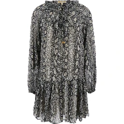 Grey Crewneck Mini Dress with Long Puffed Sleeves and All-Over Snakeskin Print in Tech Fabric Woman