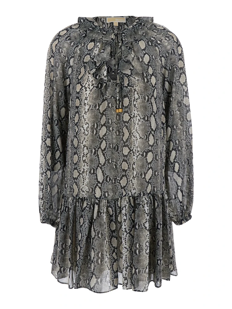 Grey Crewneck Mini Dress with Long Puffed Sleeves and All-Over Snakeskin Print in Tech Fabric Woman