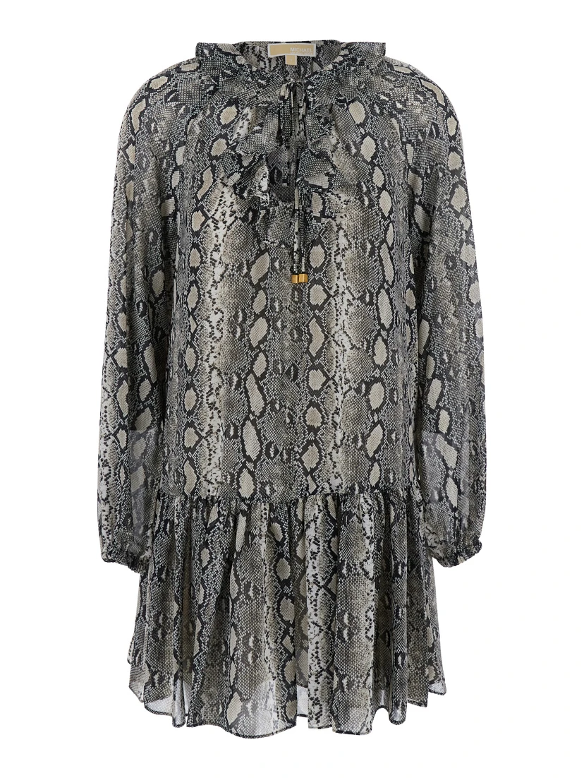 Grey Crewneck Mini Dress with Long Puffed Sleeves and All-Over Snakeskin Print in Tech Fabric Woman